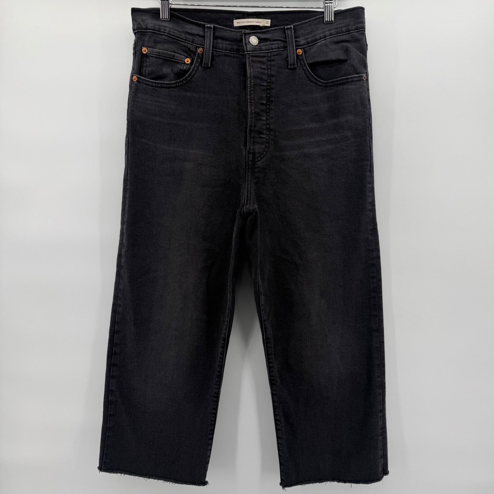 Levi's Ribcage Straight Ankle Jeans Women 31 Black High Rise Raw Hem Denim
